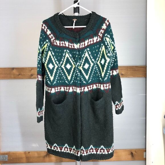 Free PEOPLE Frosted Fair Isle Mohair Wool Snap Button Midi Knit‎ Cardigan XS - Picture 3 of 11